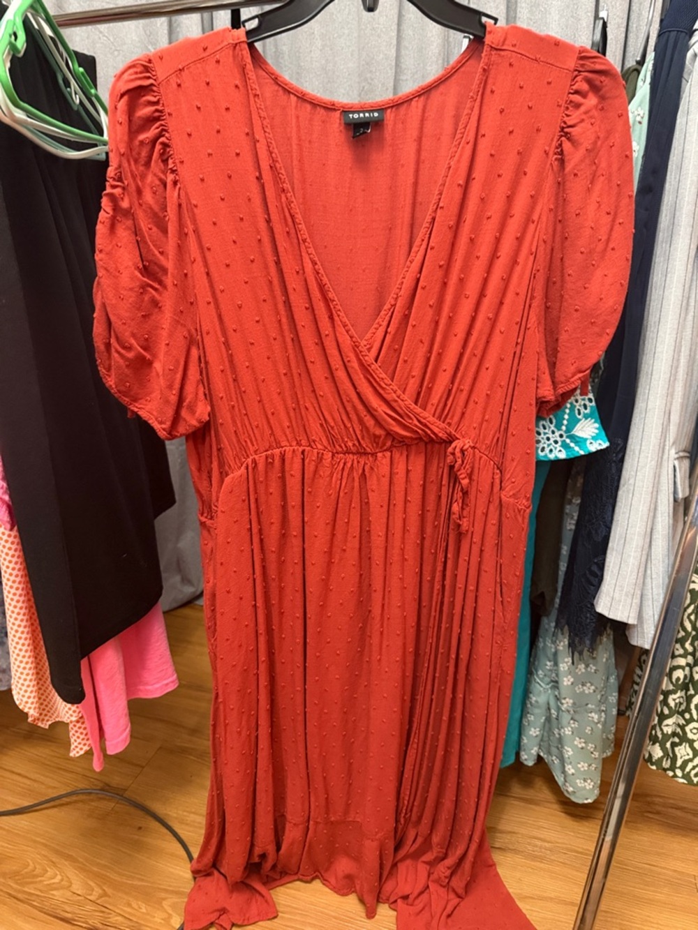 torrid rust-red faux-wrap midi dress